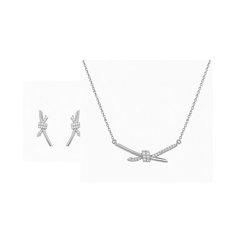 Noeud Scintillant - Collier et Boucles d'oreilles - Femme - Platine